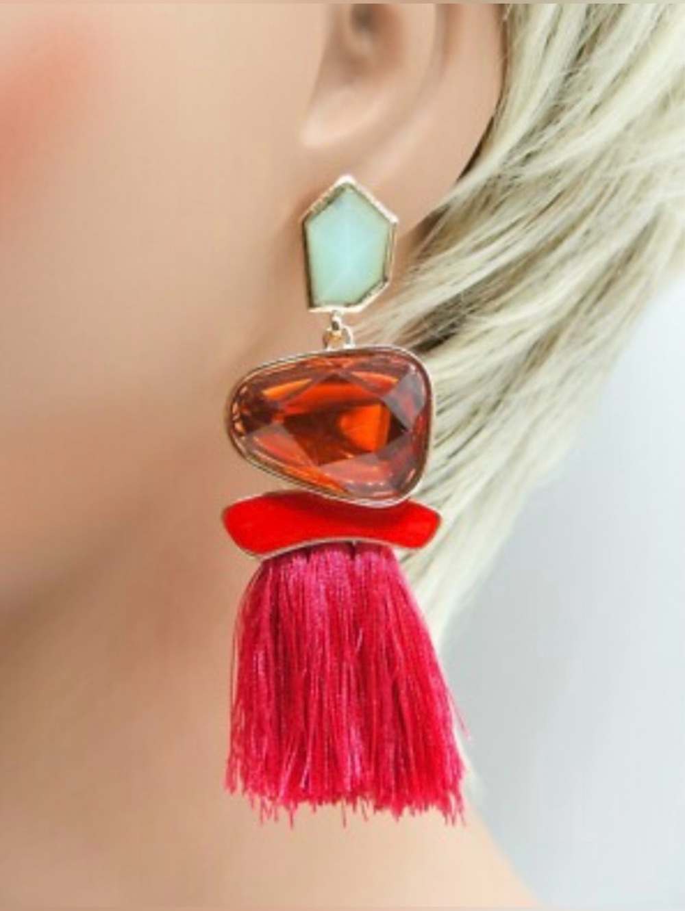 Barbiecore Pink Jewel Tassel Boho Statement Earrings